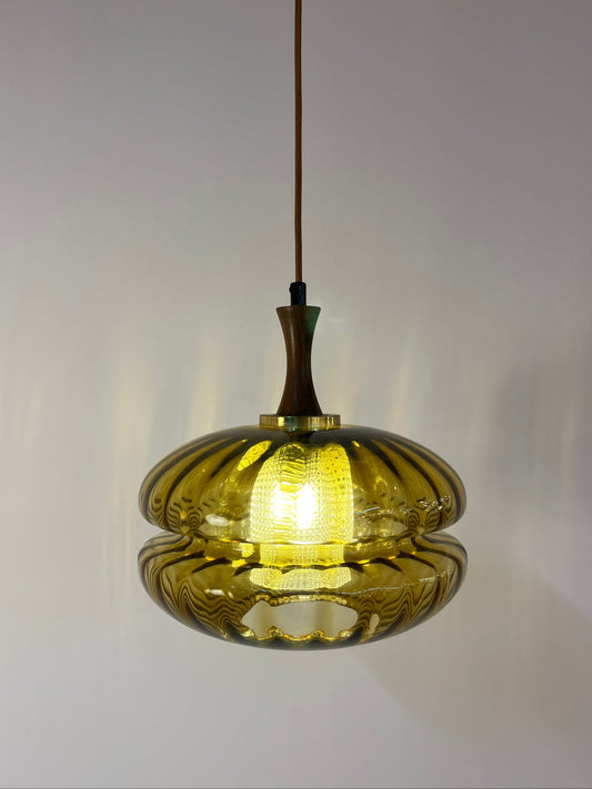 Vintage Hängelampe von Orrefors aus Glas und Teak