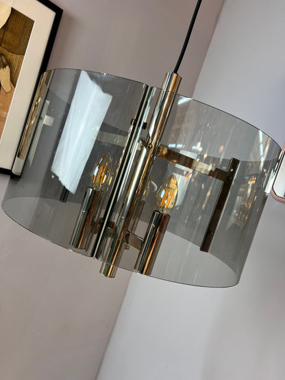 Vintage Hängelampe Chrom und Rauchacryl