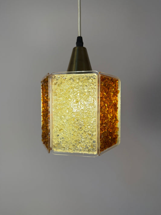 Vintage Hängelampe Hexagon von Roland Konst, Acrylglas Granitoptik braun weiß