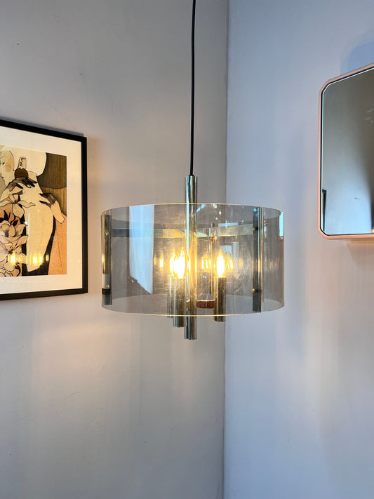 Vintage Hängelampe Chrom und Rauchacryl