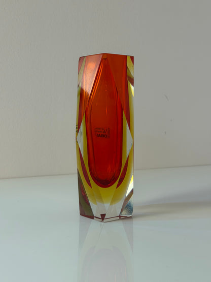 Vintage Blockvase von Vetreria Artistica Oball, Sommerso Murano-Glas rot-gelb