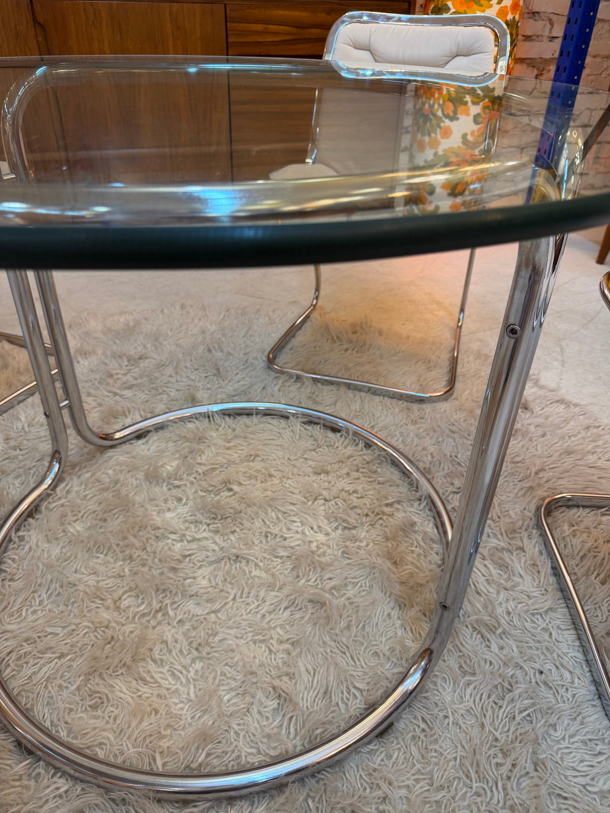 Vintage Esstisch Chrom und Glas Ø 99 cm Space Age Italien