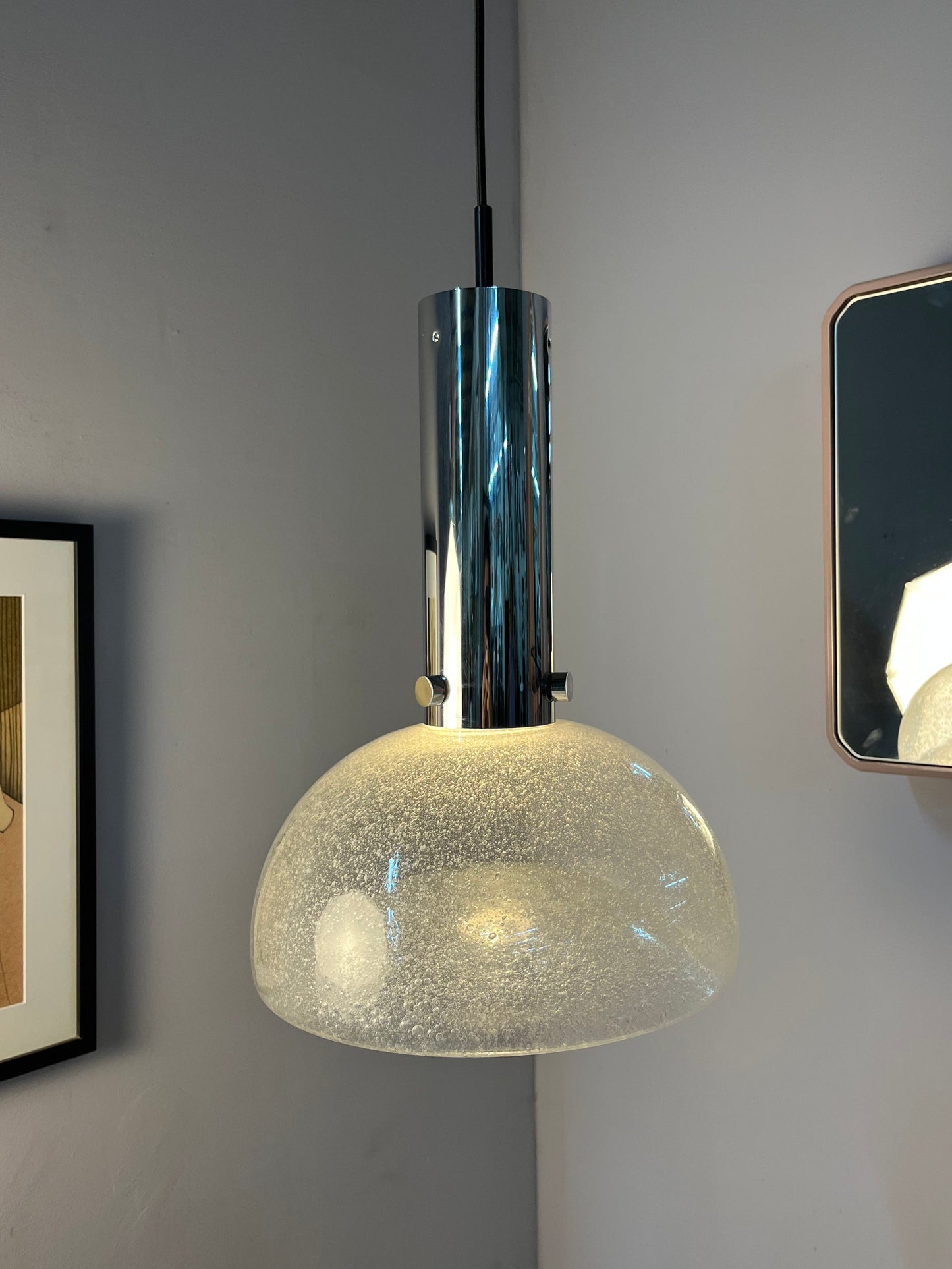 Vintage Hängelampe von Herbert Proft für Glashütte Limburg Eisglas Chrom groß