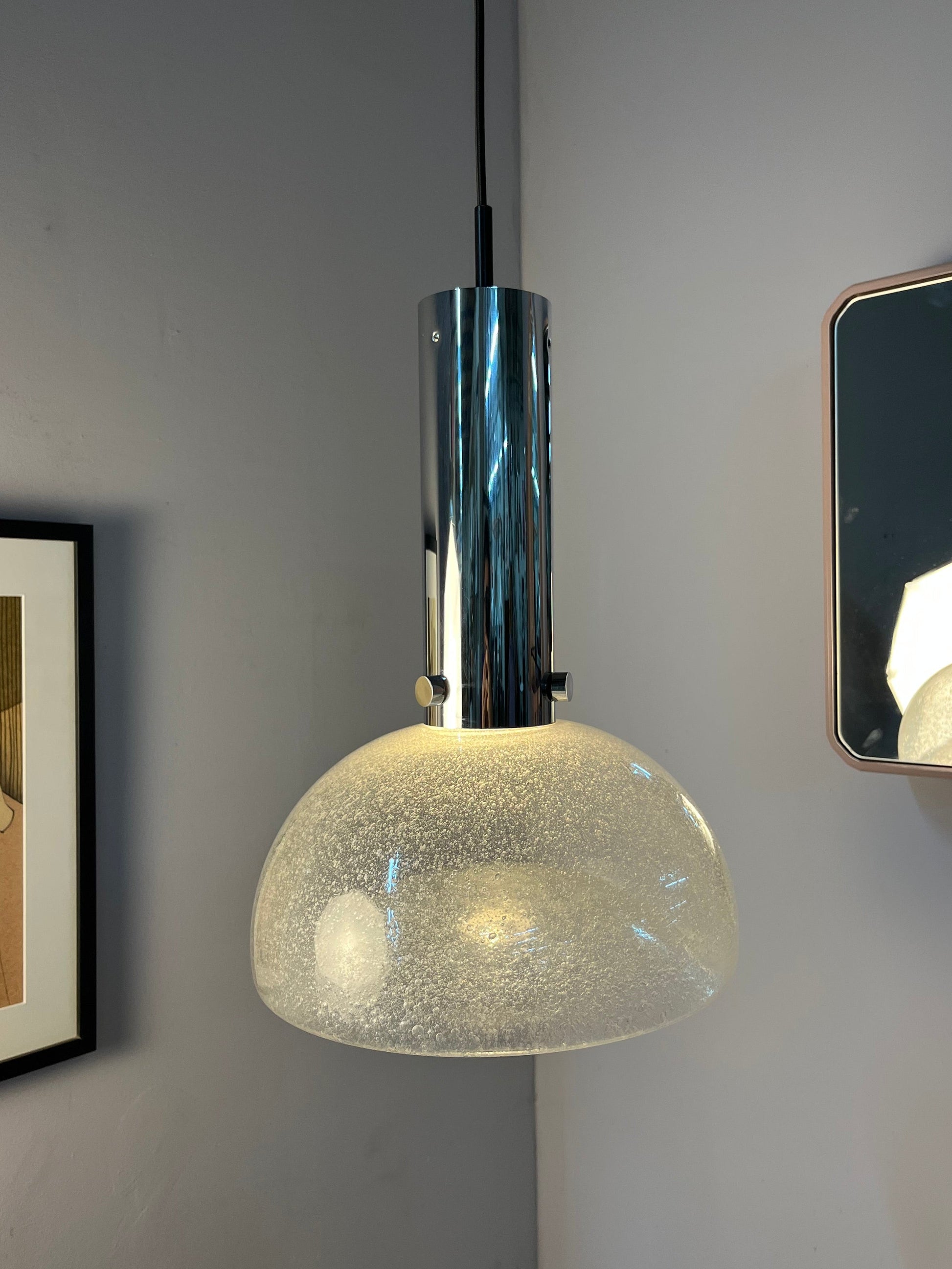 Vintage Hängelampe von Herbert Proft für Glashütte Limburg Eisglas Chrom groß