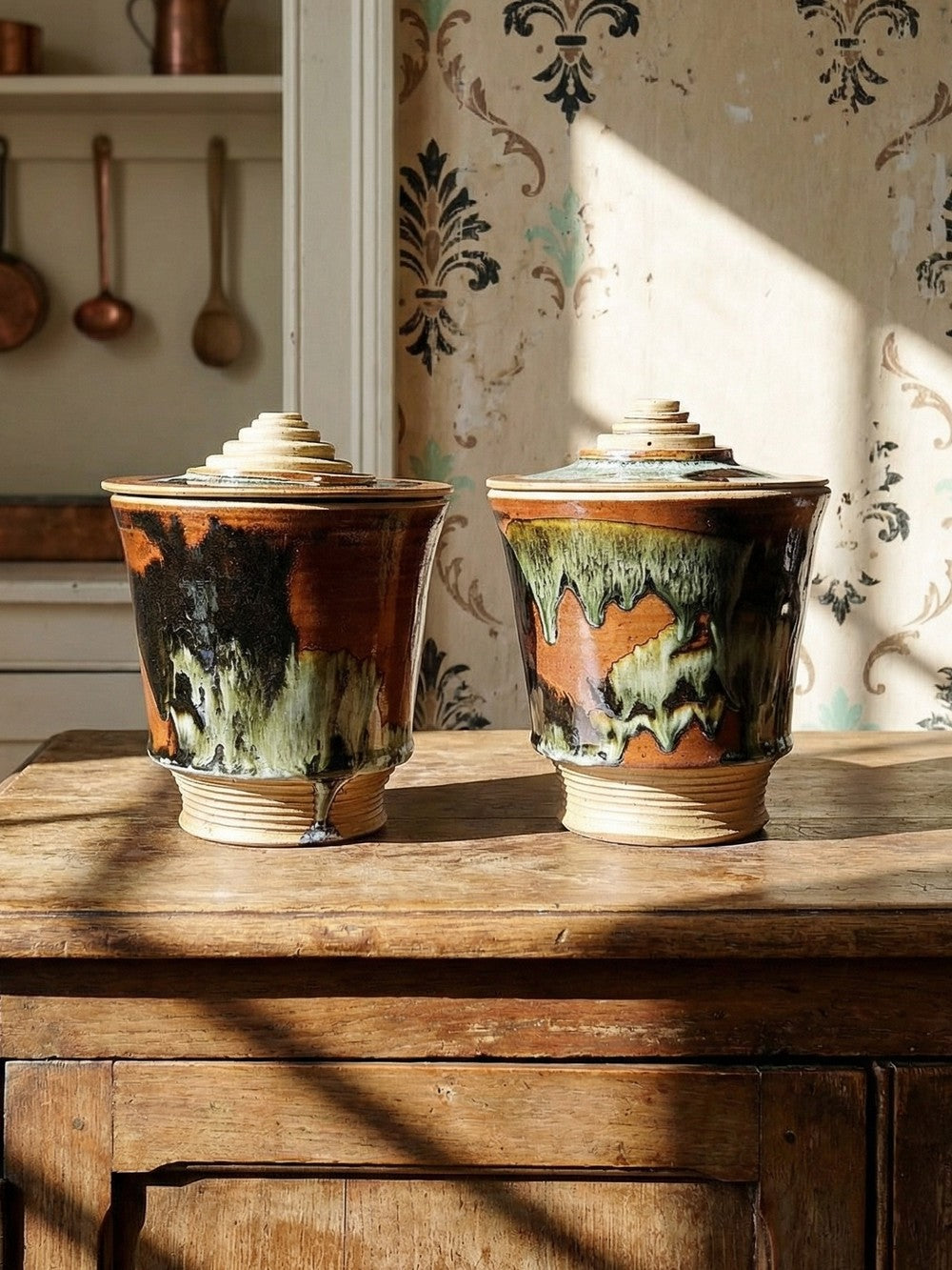 Vintage Servieraccessoire Set von 2 Steinguttopf von Studio Poterie braun-grün-schwarz-kupferfarben