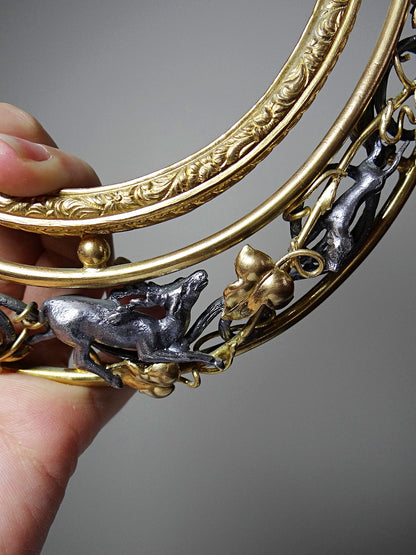 Vintage Wandrahmen Art Nouveau mit Jagdszene Gold Silber dunkelblau Dekor Metall Messing Zinn
