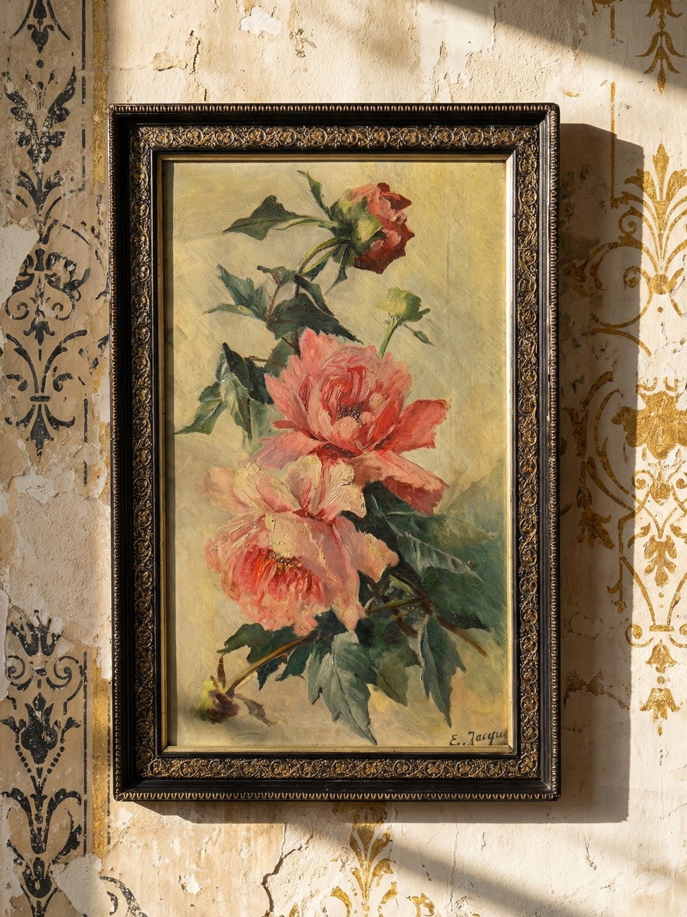 Vintage Gemälde Pfingstrose von E. Jacque für PinkVintageDekoration, signiert