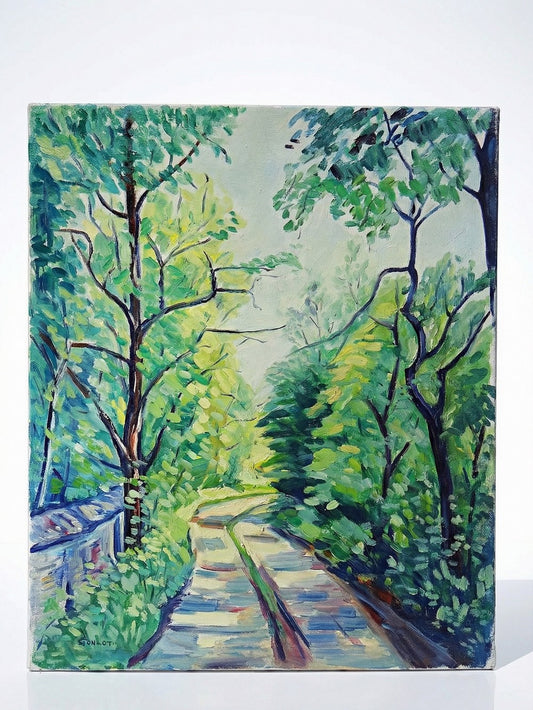 Vintage Gemälde Landschaft Dorf signiert von Jacques Gaulot für Gaulot, multicolor