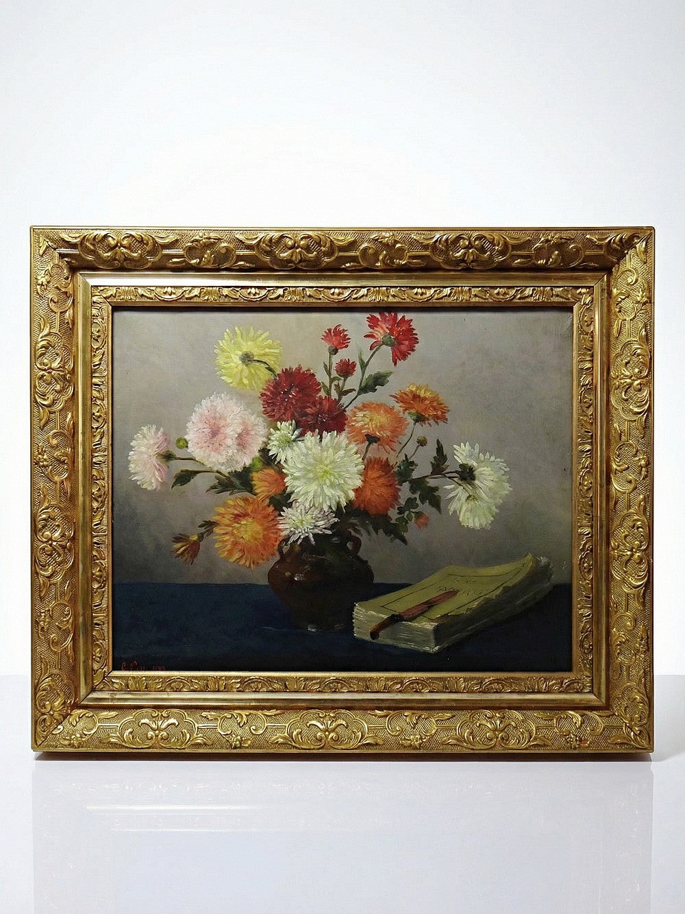 Vintage Gemälde Stillleben mit Chrysanthemen von L. Porte für BraunDekoration signiert 1888