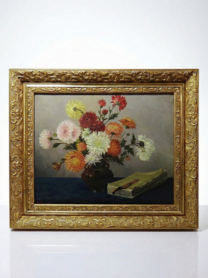 Vintage Gemälde Stillleben mit Chrysanthemen von L. Porte für BraunDekoration signiert 1888
