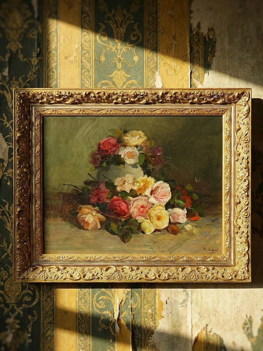 Vintage Gemälde Bouquet of Roses signiert Saubagnol französisch um 1890-1910