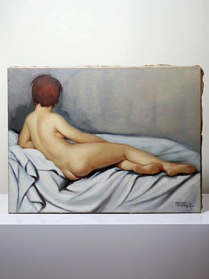 Vintage Gemälde Frau ruhend von Fortunato Pirazzini für GrauDekoration