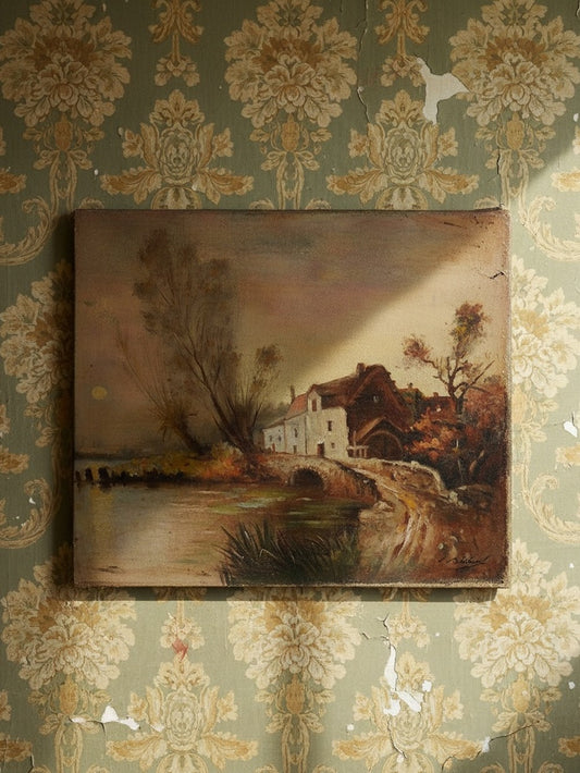 Vintage Gemälde Farm am Teich Öl auf Leinen signiert 19. Jh. multicolor orange-rosa