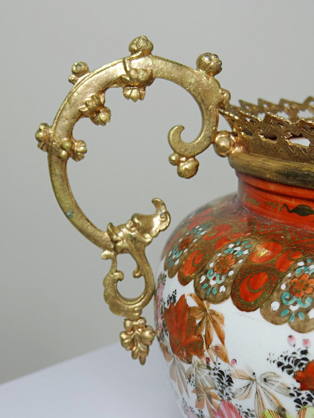 Vintage Übertopf Kutani aus Porzellan und Bronze, Japan Meiji