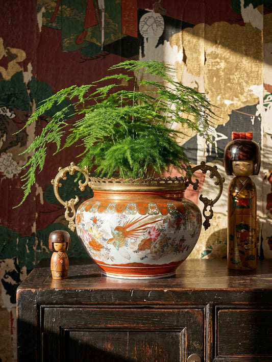 Vintage Übertopf Kutani aus Porzellan und Bronze, Japan Meiji