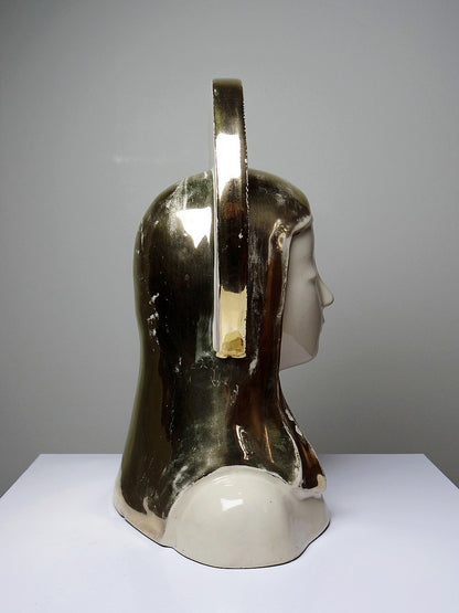 Vintage Büste Madonna mit Heiligenschein aus Keramik, emailliert, Weiß Creme Gold