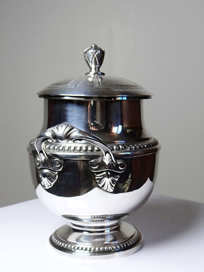 Vintage Zuckerdose SilberServieraccessoire mit Deckel und 2 Griffen, Frankreich 1880-1930