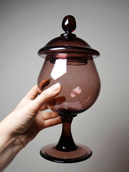 Vintage Bonbonniere im Biot-Stil in Pflaumenviolett Glas mit Blasen