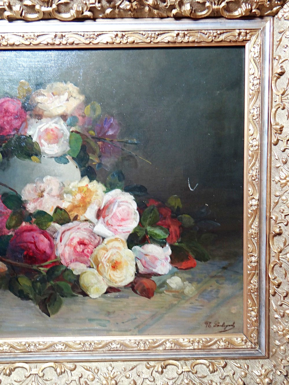 Vintage Gemälde Bouquet of Roses signiert Saubagnol französisch um 1890-1910