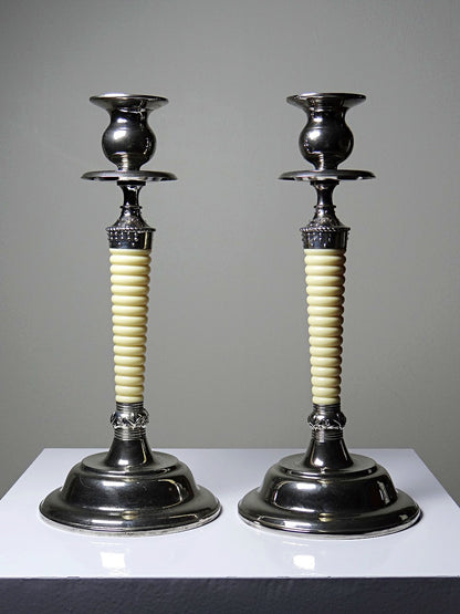 Vintage Kerzenleuchter Set von 2 silberfarben, elfenbeinfarben, Metall, Kunststoff