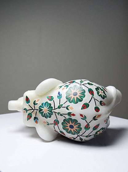 Vintage Deko Elefant aus Alabaster mit Steineinlagen, indisches Kunsthandwerk, Weiß