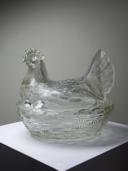Vintage Bonbonniere Huhn aus gepresstem Glas, antik, frühes 20. Jh.