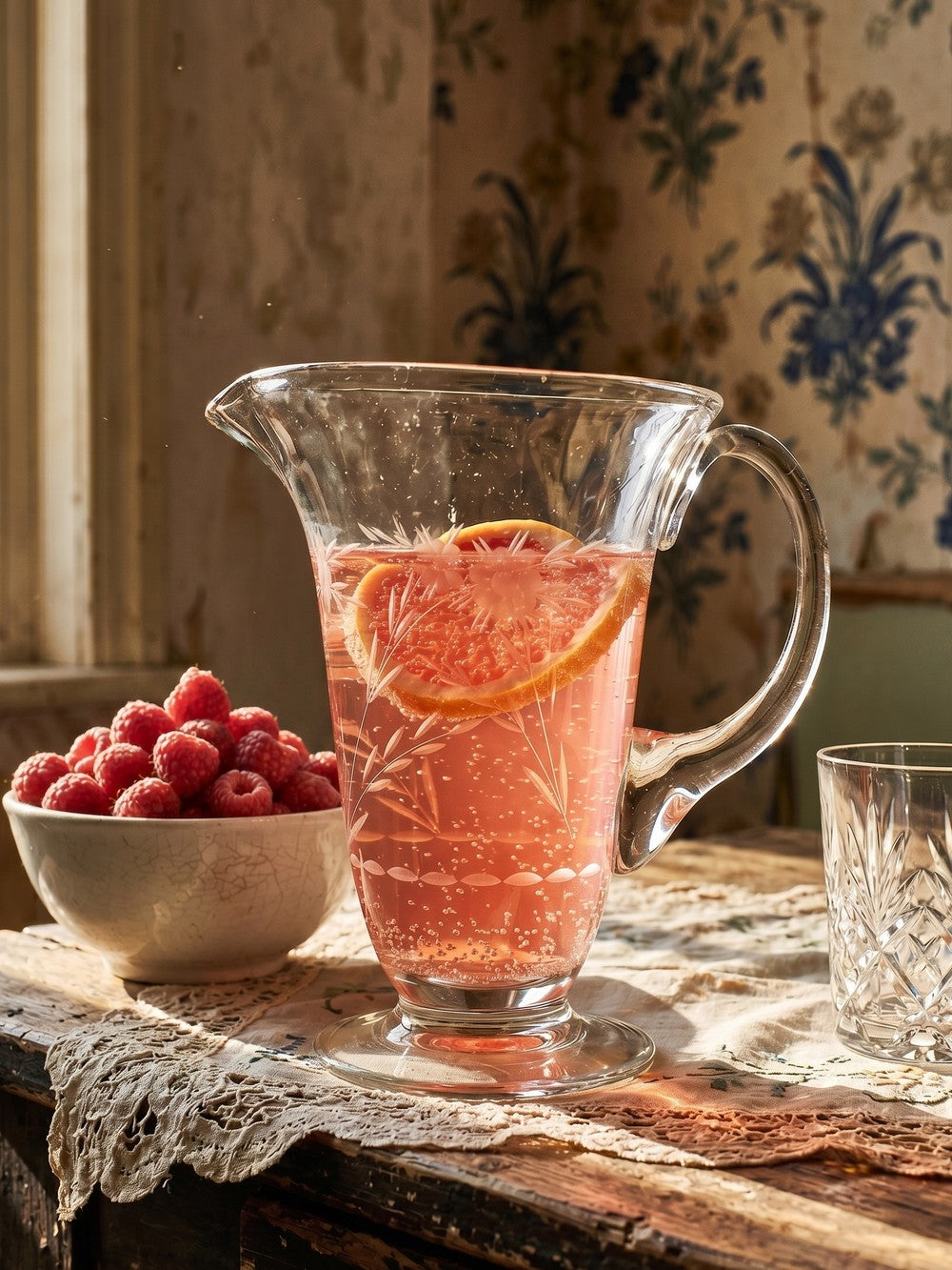 Vintage Glaskrug mit Blumendekor, Böhmen, rad-graviert