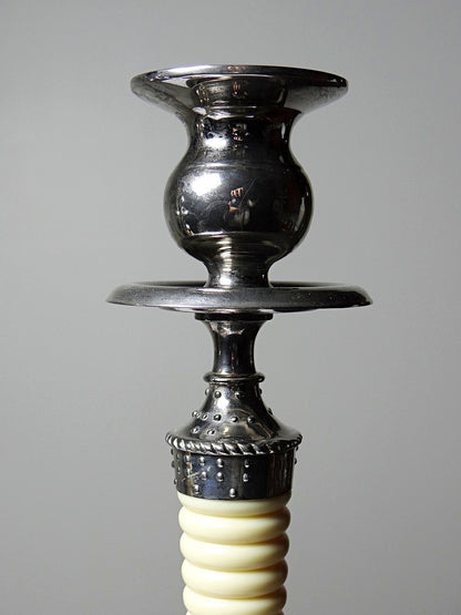 Vintage Kerzenleuchter Set von 2 silberfarben, elfenbeinfarben, Metall, Kunststoff