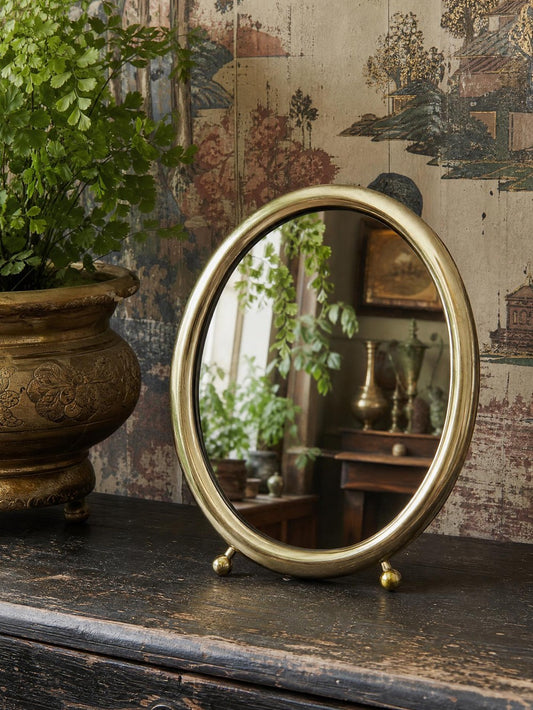 Vintage Tischspiegel oval aus vergoldetem Metall
