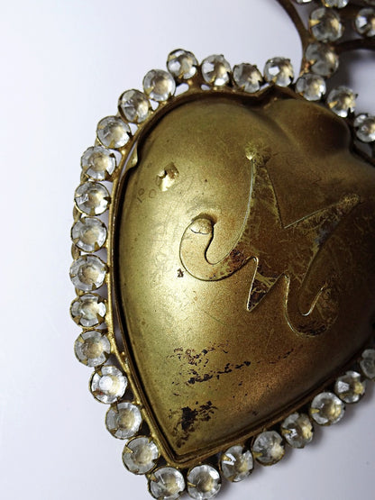 Vintage Dekoration Ex Voto Flammendes Herz der Jungfrau Maria mit Strass