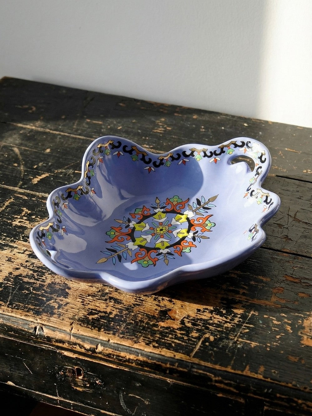 Vintage Schale Châtres von Longwy blau schwarz gold grün weiß orange gelb