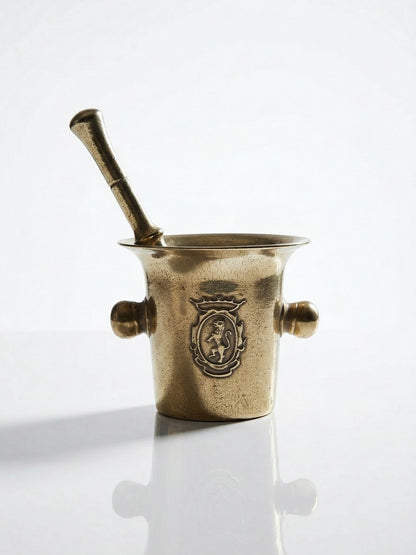 Vintage Apotheker Mörser mit Stößel vergoldete Bronze heraldischer Löwe