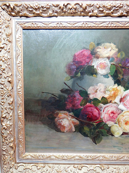 Vintage Gemälde Bouquet of Roses signiert Saubagnol französisch um 1890-1910