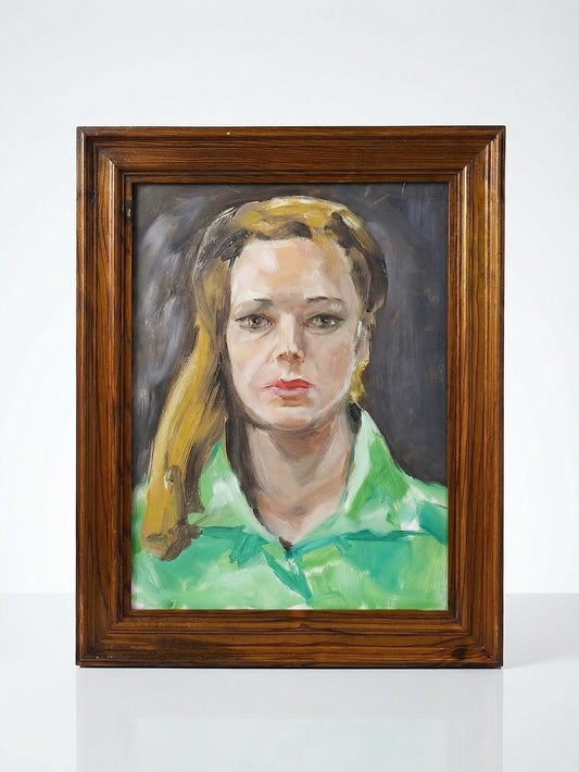 Vintage Porträt "The Woman in Green" Ölbild auf Leinwandkarton im Holzrahmen grün