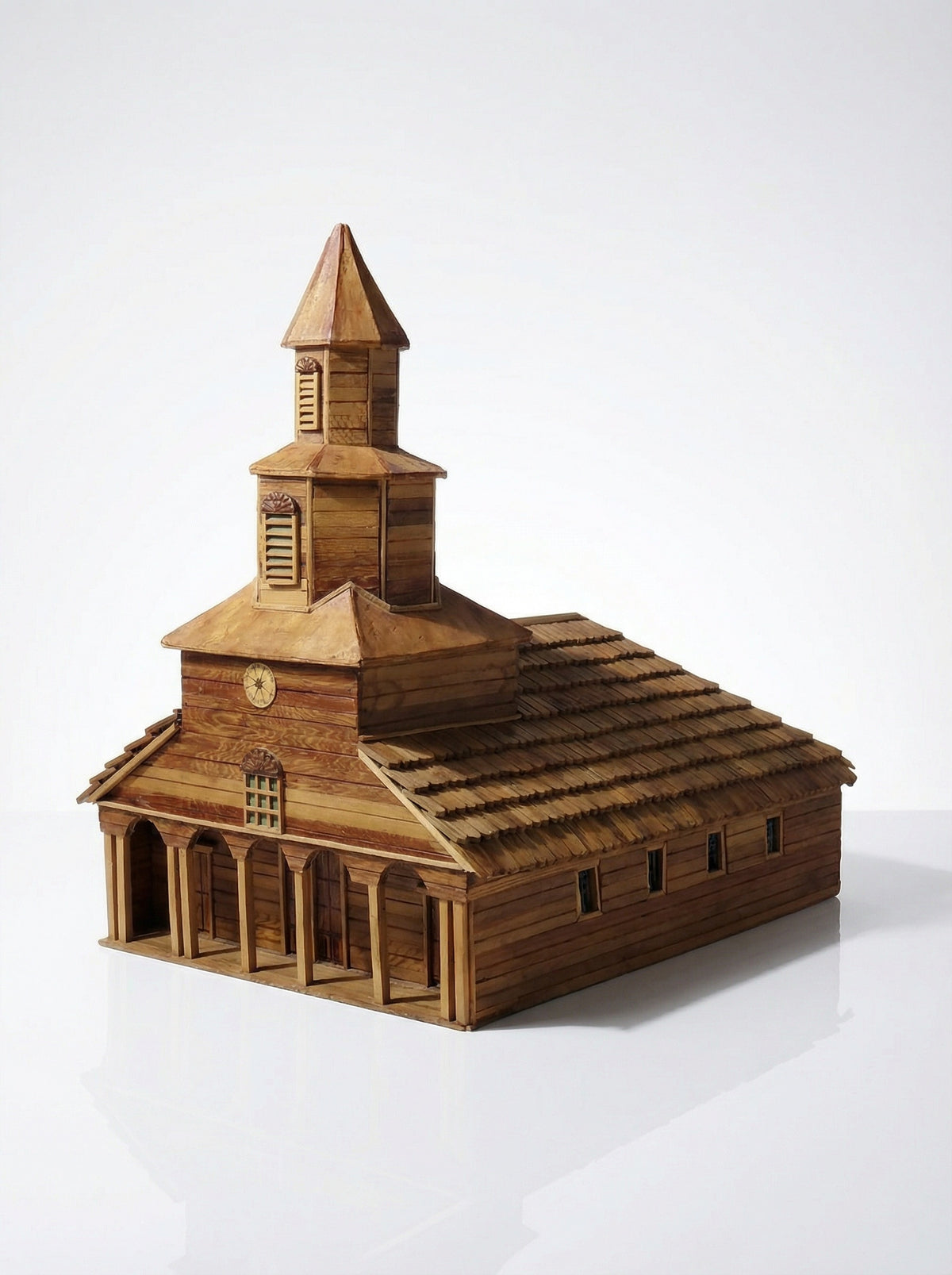 Vintage Kirchenmodell Iglesia Nercon Chiloe Chile Holz, Papier, Glas, grün, braun