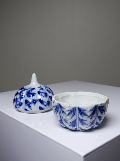 Vintage Schmuckdose Kürbisform Porzellan blau-weiß handbemalt Chinesisch