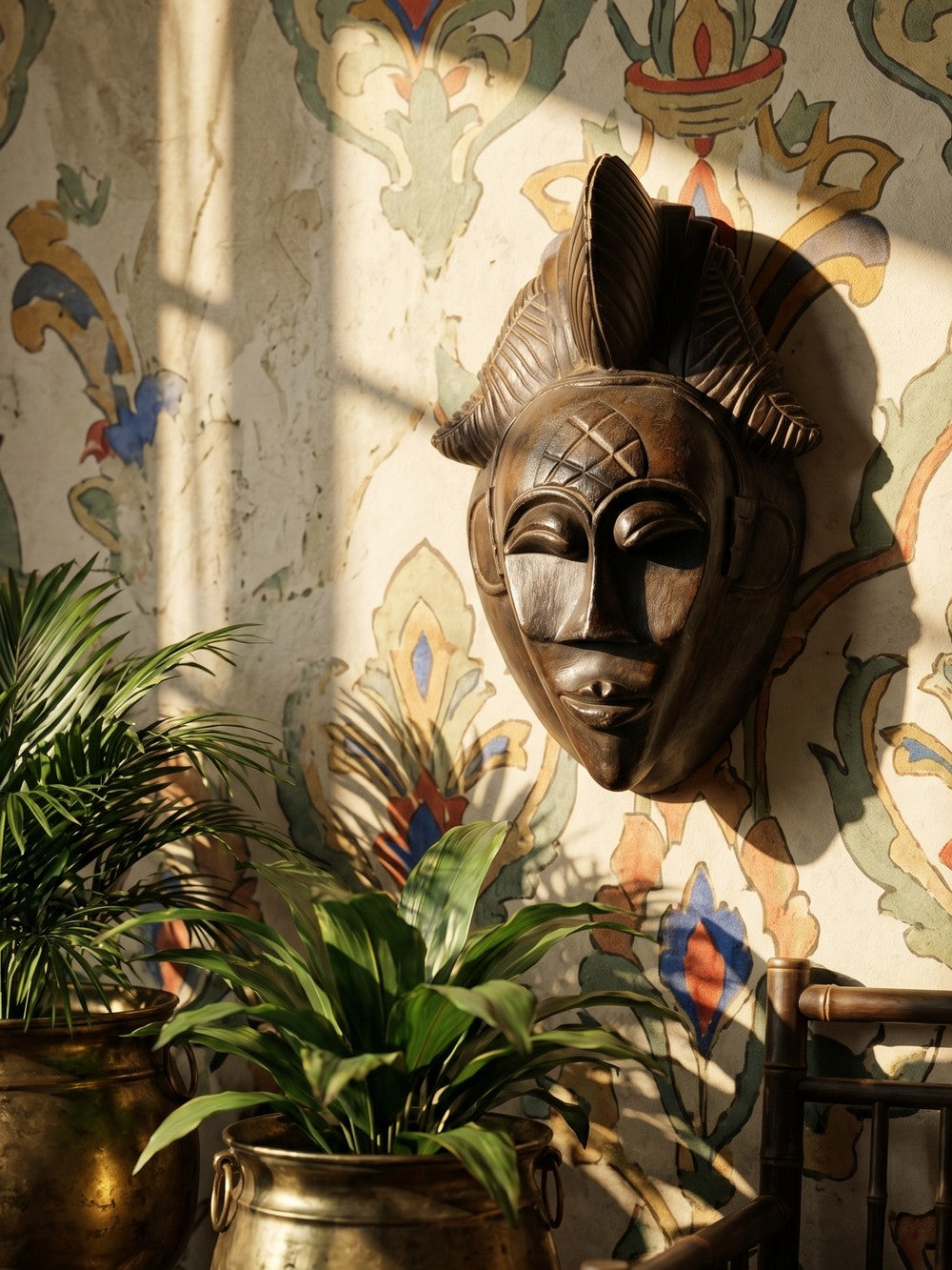 Vintage Wandmaske im Punu Tsangui Stil aus geschnitztem Holz