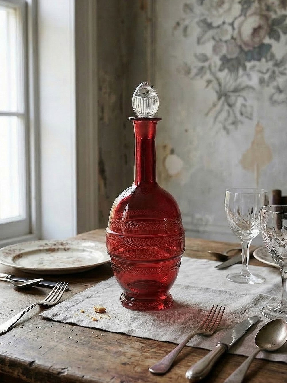 Vintage Karaffe aus Rubinglas, graviert, 19.-20. Jh.