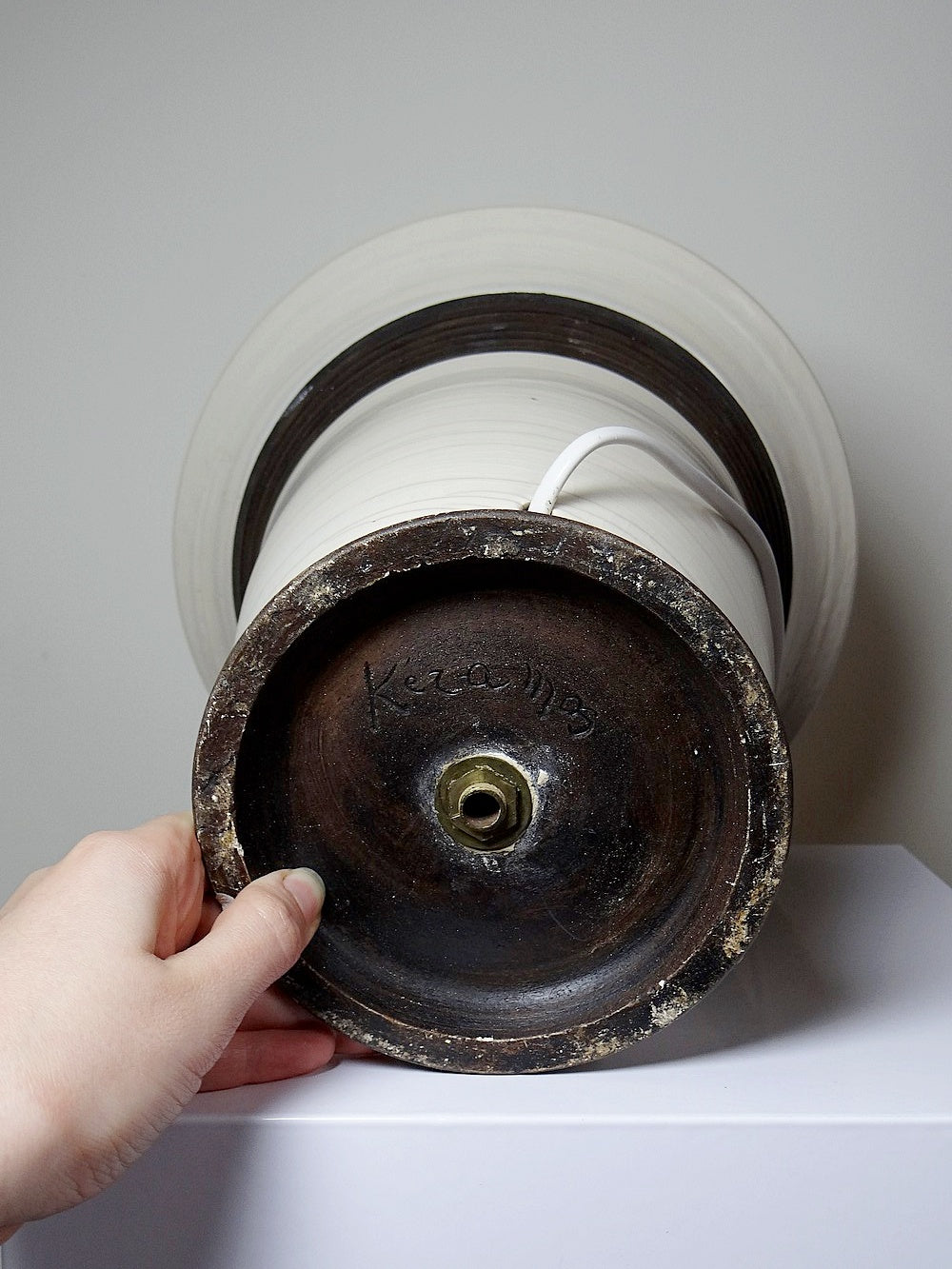 Vintage Lampe Keramos von René Hénon für Keramos Sèvres Raku beige braun grau