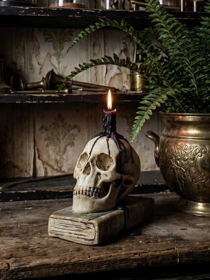 Vintage Memento Mori aus Gips, Schädel auf Buch