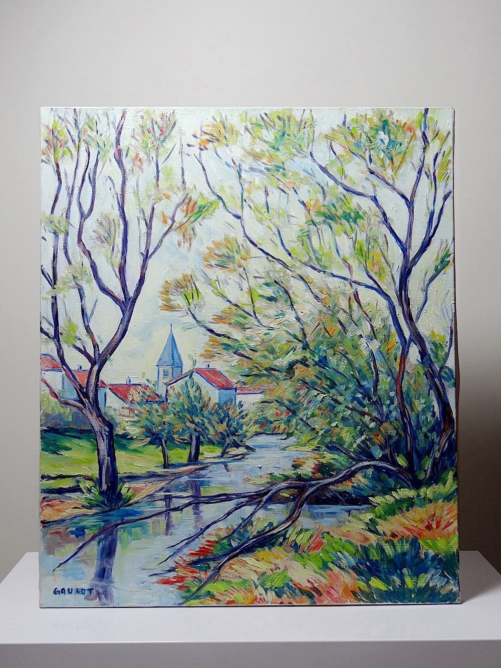 Vintage Gemälde Dorflandschaft von Jacques Gaulot mehrfarbig grün blau braun orange