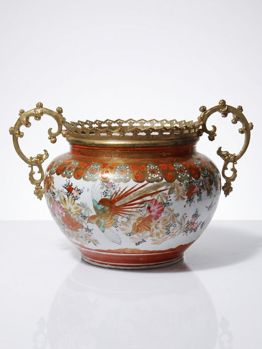 Vintage Übertopf Kutani aus Porzellan und Bronze, Japan Meiji