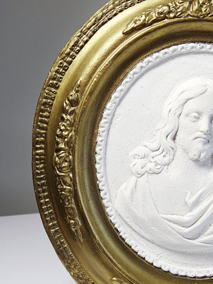 Vintage Wandmedaillon Christus Religiös Weiß Gold Rosa Plaster Dekoration