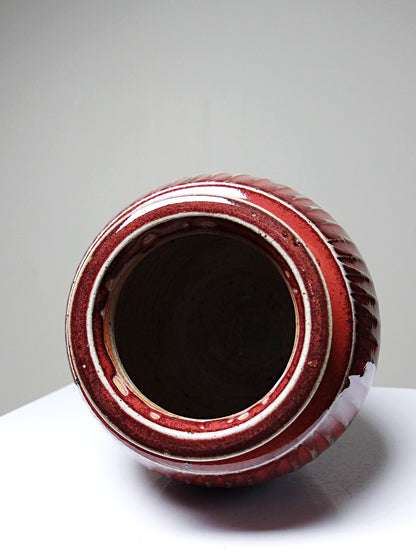 Vintage Vase Sang-de-bœuf Steinzeug, Rippen, Rot, Grau, Celadon