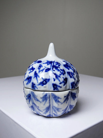 Vintage Schmuckdose Kürbisform Porzellan blau-weiß handbemalt Chinesisch