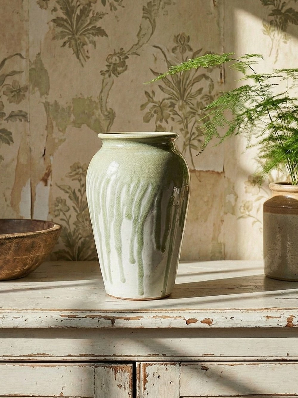 Vintage Vase Wabi-Sabi Modernismus, Grünschimmer, Steinzeug, Ash Glaze