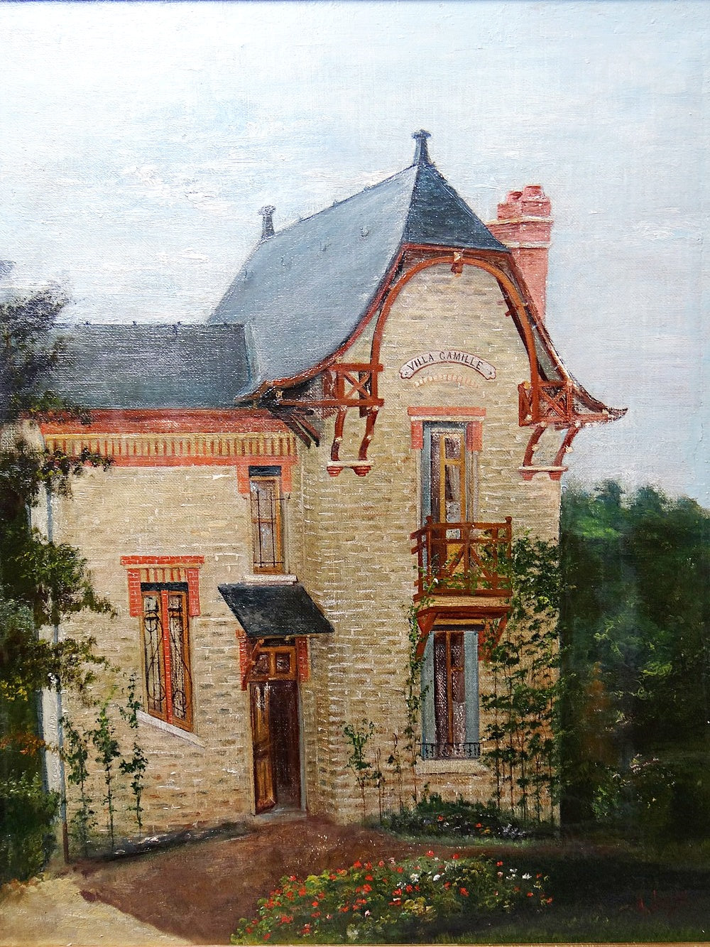 Vintage Gemälde Villa Camille von M. Lesoll für Dekoration beige