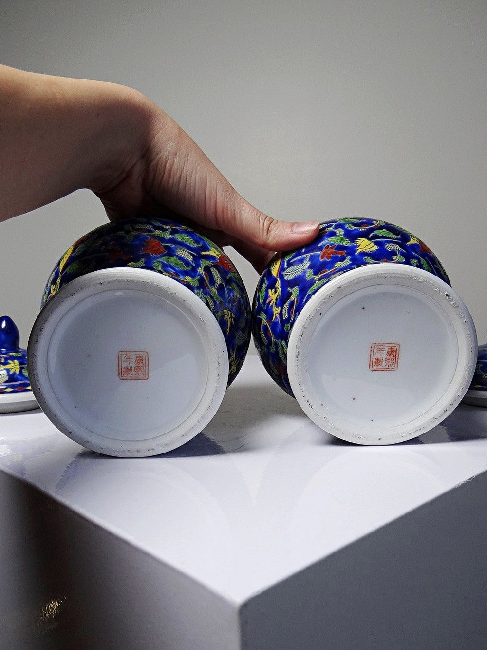 Vintage Set von 2 Ingwertopf von Kangxi Nian Zhi für China blau