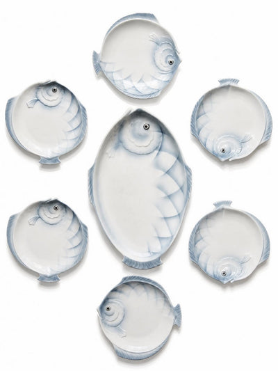 Vintage fish service made of Czechoslovak earthenware, 6 plates and one platter