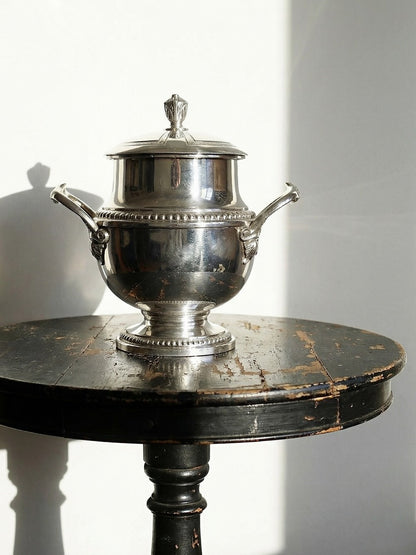 Vintage Zuckerdose SilberServieraccessoire mit Deckel und 2 Griffen, Frankreich 1880-1930